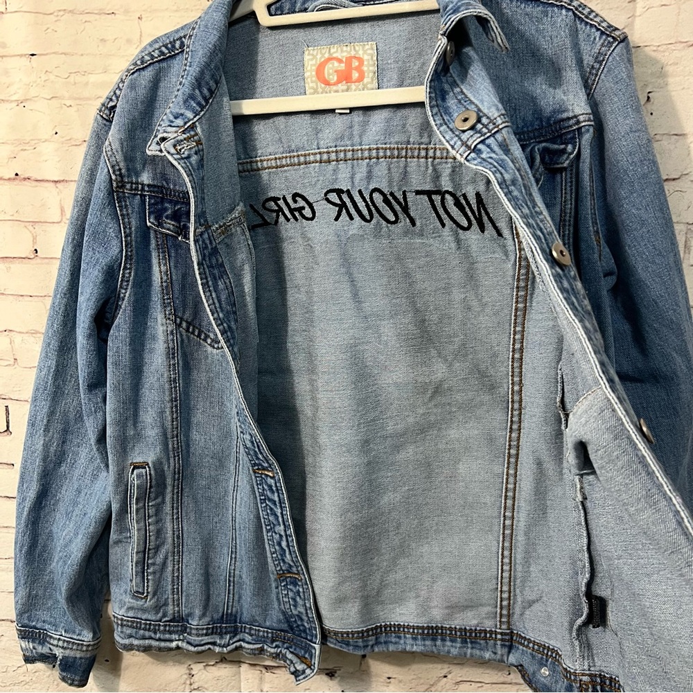 Vintage Y2K Denim Pop Art Not Your Girl Jean Trucker Jacket Mid Wash Large - Picture 7 of 7